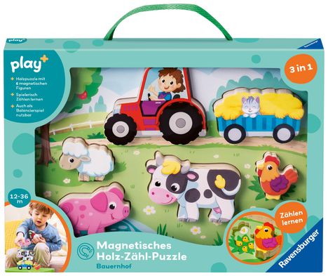 Play+ Magnetisches Holz-Zähl-Puzzle: Bauernhof - ab 12 Monate, Spiele
