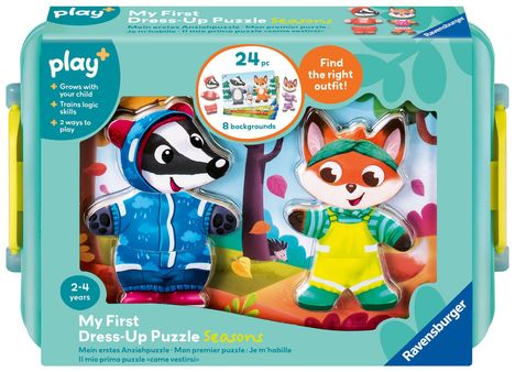 Text: "My First Dress-Up Puzzle Seasons. 24 pc. Find the right outfit!" Tiere in bunten Anziehsachen in einer Box.