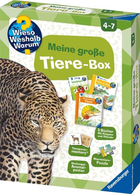 "Meine große Tiere-Box" für 4-7 Jahre. Zeichnung eines Leoparden, mit einem Logo und Bildern von Kinderbüchern.