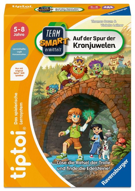 "TEAM SMART ermittelt: Auf der Spur der Kronjuwelen. Löse die Rätsel der Trolle und finde die Edelsteine." 

Spielillustration mit Abenteurern, Troll und Hund.