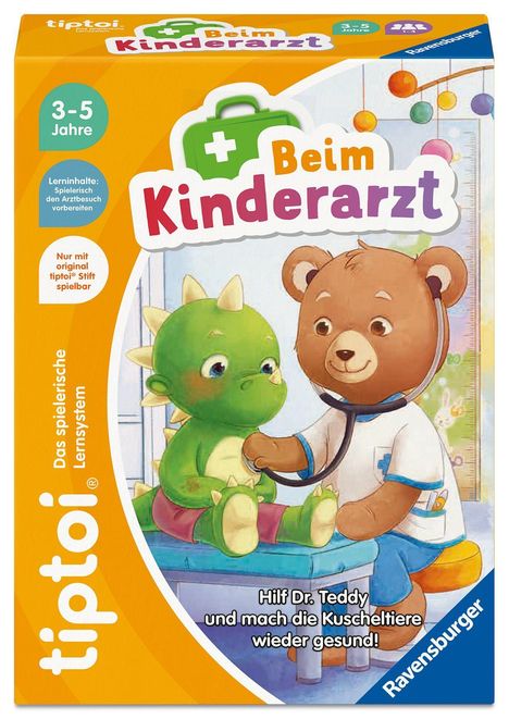 "Beim Kinderarzt", Lerninhalte: Spielerisch den Arztbesuch vorbereiten. Illustration: Teddy untersucht grünes Dino-Kuscheltier.