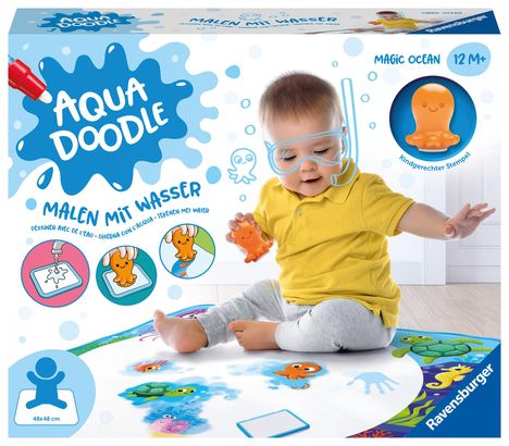 Ravensburger 4568 Aquadoodle Magic Ocean - Fleckenfreies Stempeln und Entdecken mit Wasser - Stempelset mit magischer Stoffmatte für Babys ab 1 Jahr, Spiele