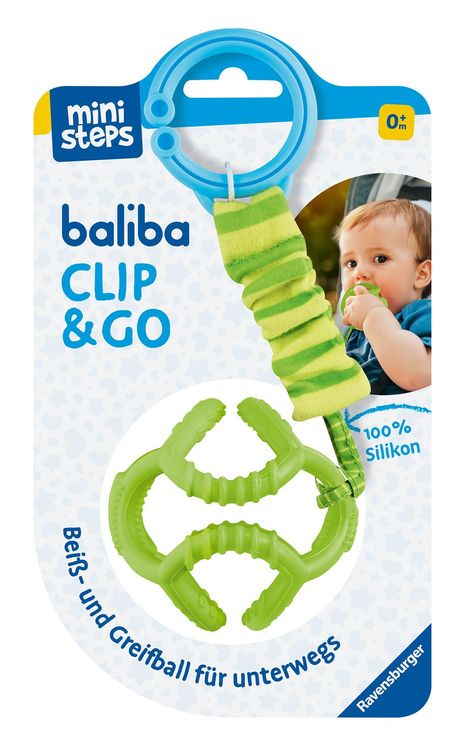 Ravensburger 4592 baliba Clip &amp; Go - Flexibler Ball mit Befestigung für Greif- und Beißspaß unterwegs - Baby Spielzeug ab 0 Monaten - grün, Spiele