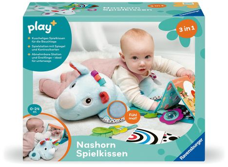 Ravensburger 4866 Play+ Nashorn Spielkissen (für die Bauchlage), 4-teiliges Set, Tummy Time Spielzeug, Kuscheltier trainiert die Bauchlage, für Babys ab 0 Monaten, Spiele