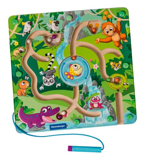Ravensburger 4873 Play+ Magnetisches Holz-Labyrinth: Dschungel, schult Feinmotorik, Geschicklichkeit und Farberkennung, Reisebegleiter, pädagogisches Holzspielzeug für Kinder ab 18 Monaten, Spiele
