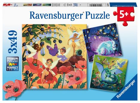 Ravensburger Kinderpuzzle 05181 - Einhorn, Drache und Fee - 3x49 Teile Puzzle für Kinder ab 5 Jahren, Spiele