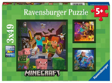 Ravensburger Kinderpuzzle 05621 - Minecraft Biomes - 3x49 Teile Minecraft Puzzle für Kinder ab 5 Jahren, Diverse