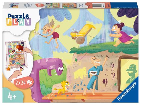 Ravensburger Kinderpuzzle Puzzle&Play 05674 - Im Steinzeitdorf - 2x24 Teile Puzzle für Kinder ab 4 Jahren, Diverse