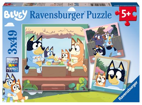 Ravensburger Kinderpuzzle 05685 - Blueys Abenteuer - 3x49 Teile Bluey Puzzle für Kinder ab 5 Jahren, Diverse