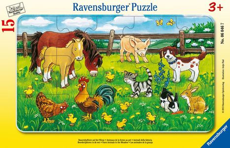 Bauernhoftiere auf der Wiese. Rahmenpuzzle 15 Teile, Spiele