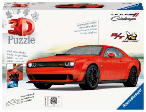 Ravensburger 3D Puzzle 11284 - Dodge Challenger R/T Scat Pack Widebody - Die Ikone unter den Muscle Cars als 3D Puzzle Auto - für Muscle Car Fans ab 10 Jahren, Diverse