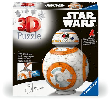 Ravensburger 3D Puzzle 11578 - Star Wars BB8 - Astromech-Druide aus Episode VII, VIII und IX als dreidimensionaler Puzzle-Ball - ideales Geschenk für große und kleine Star Wars Fans, Diverse