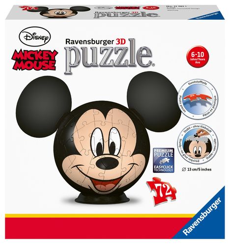 Ravensburger 3D Puzzle 11761 - Puzzle-Ball Mickey Mouse - 72 Teile - Puzzle-Ball für Mickey Mouse-Fans ab 6 Jahren, Spiele