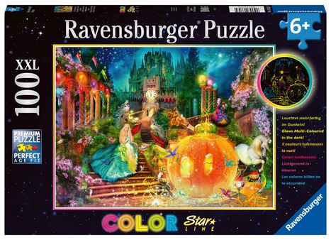 Ravensburger Kinderpuzzle - 13357 Tanz um Mitternacht - dreifarbiges Leuchtpuzzle für Kinder ab 6 Jahren, mit 100 Teilen im XXL-Format, Leuchtet im Dunkeln, Diverse