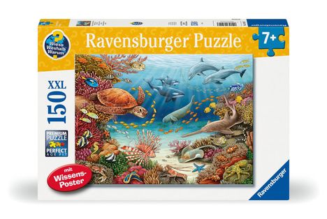 Ravensburger Kinderpuzzle 13411 - Meerestiere am Korallenriff - Wieso? Weshalb? Warum? Puzzle 150 Teile XXL + Wissensposter, für Kinder ab 7 Jahren, Diverse