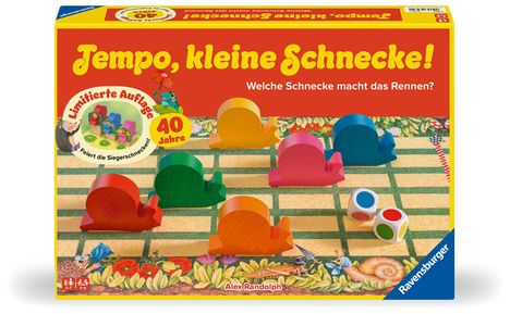 Alex Randolph: Ravensburger Kinderspiel 23034 - Tempo kleine Schnecke 40 Jahre Jubiläum, beliebtes Schneckenrennen mit zusätzlicher Siegerehrung, Brettspiel für Mädchen und Jungen , 2-6 Spieler, ab 3 Jahren, Spiele