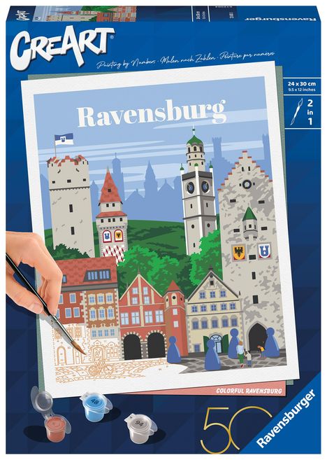 Ravensburger CreArt - Malen nach Zahlen 23685 - Colorful Ravensburg - ab 12 Jahren - Jubiläum 50 Jahre Ravensburger Blaues Dreieck, Spiele