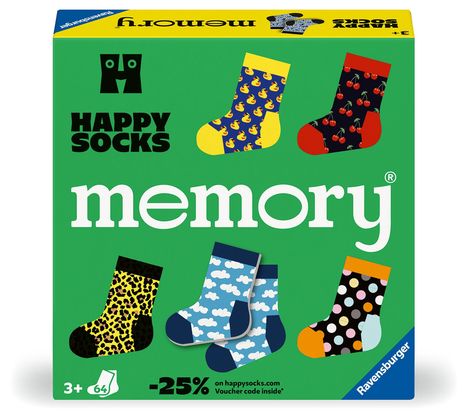 Ravensburger 24702 memory® Happy Socks. Der Ravensburger Spieleklassiker in Kooperation mit Happy Socks. Gesucht werden 32 fröhlich bunte Sockenpaare, Spiele