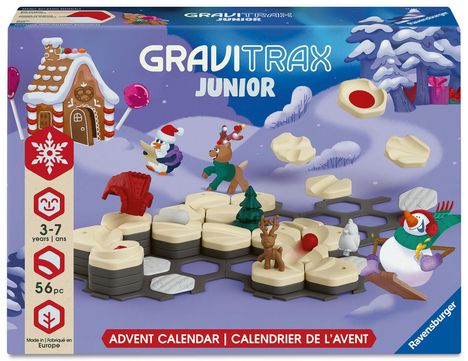 Advent Calendar. GraviTrax Junior. 3-7 years. 56 pieces. Illustration mit Winterlandschaft, Lebkuchenhaus, Figuren und Schnee.