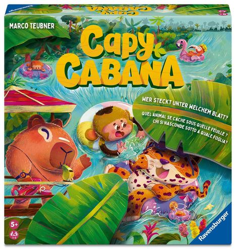 „Capy Cabana“ steht oben. „Wer steckt unter welchem Blatt?“ ist darunter. Tiere schwimmen fröhlich im Wasser.