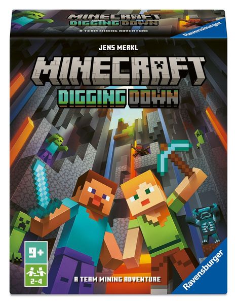 Text: "Minecraft Digging Down", "Jens Merkl", "9+", "2-4", "A Team Mining Adventure", "Ravensburger". Illustration von Minecraft-Figuren.