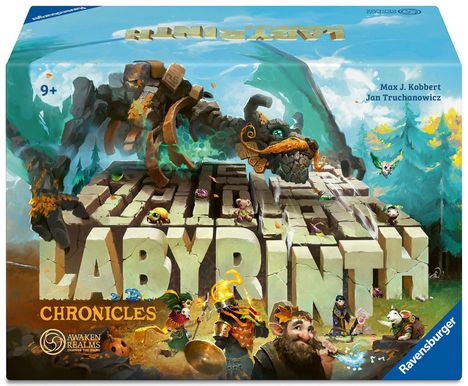 Text: "9+", "Max J. Kobbert Jan Truchanowicz", "LABYRINTH CHRONICLES", "AWAKEN REALMS", "Ravensburger". Fantasiewelt mit Figuren und Labyrinth.