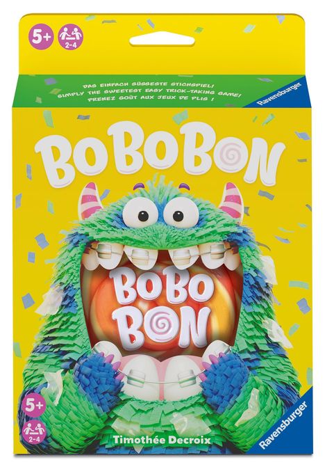 "BOBO BON" in großen Buchstaben, darauf ein buntes Monster mit großen Augen und Zähnen. Geeignet für 5+ Jahre, 2-4 Spieler.
