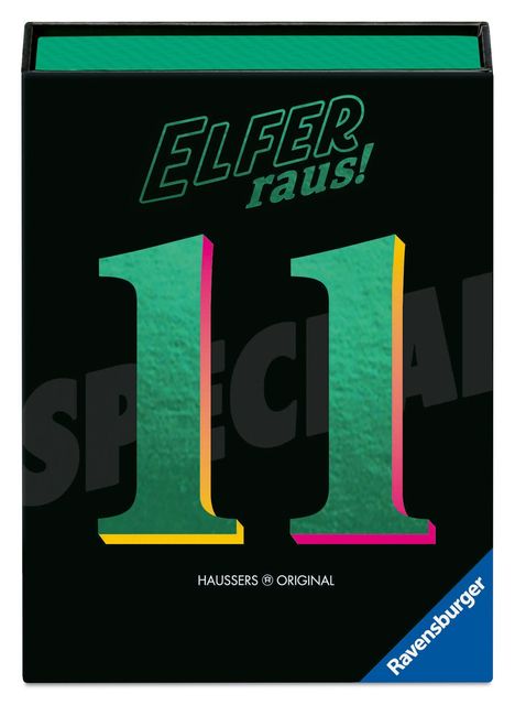 "Elfer raus!" und "11" in kräftigen Farben auf schwarzem Hintergrund. Unten rechts ein Ravensburger Logo.