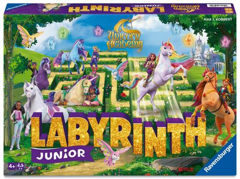 "Labyrinth Junior" in goldener Schrift, "Unicorn Academy" darüber. Ein Gartenlabyrinth mit Einhörnern und Kindern.