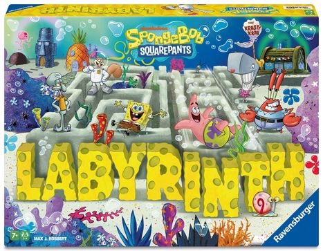 "SpongeBob SquarePants", "LABYRINTH", "The Krusty Krab". Verschiedene Cartoon-Charaktere und ein Unterwasser-Labyrinth.
