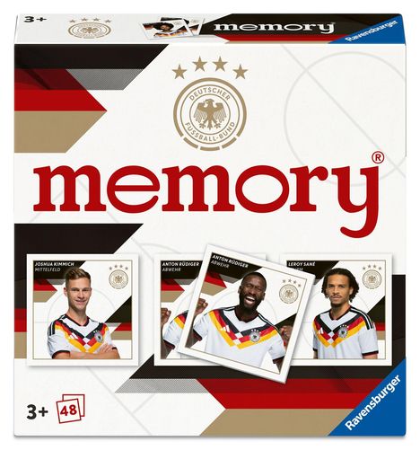 „memory“, „Deutscher Fußball-Bund“, „Ravensburger“. Fotos von drei Fußballspielern in weißen DFB-Trikots.