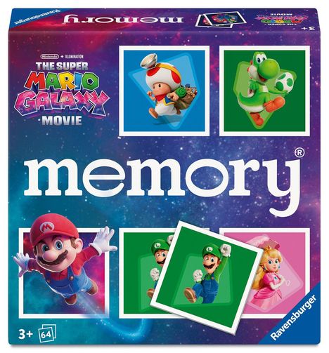"memory", "The Super Mario Galaxy Movie", 3+, Ravensburger. Bunte Charaktere aus dem Mario-Universum auf einer Schachtel.