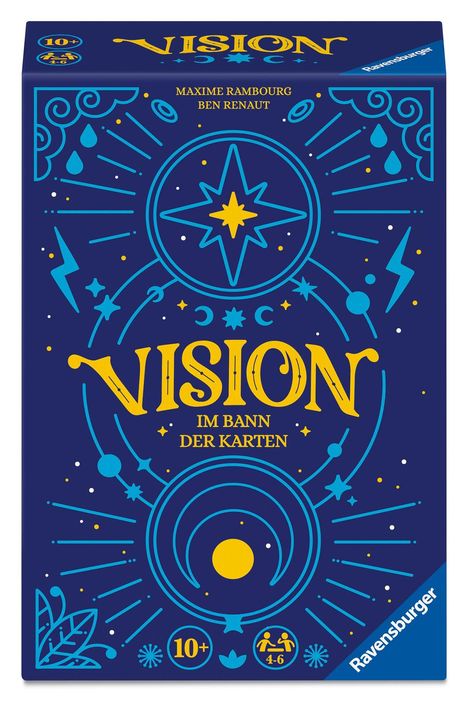 "VISION IM BANN DER KARTEN" mit blauen und gelben mystischen Symbolen. Ab 10+, für 4-6 Personen.