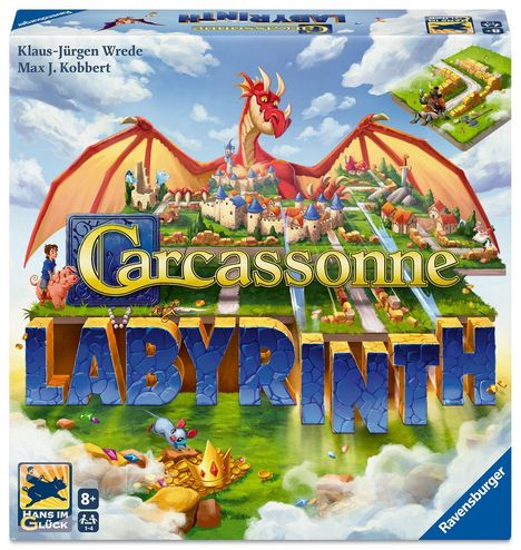 „Carcassonne LABYRINTH“, ein Drache über einer Stadt, mit einem Pfad, Figuren und einer Maus mit einer Krone.