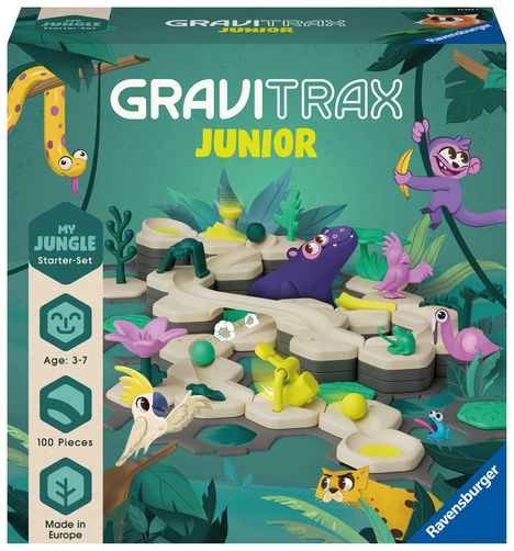 Ravensburger GraviTrax Junior Starter-Set L Jungle -Erweiterbare Kugelbahn für Kinder, Murmelbahn überwiegend aus nachwachsenden Rohstoffen mit Themenwelten, Lernspielzeug &amp; Konstruktionsspielzeug ab 3 Jahren, Spiele