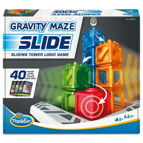 "GRAVITY MAZE SLIDE" mit bunten Türmen. 40 Aufgaben. ThinkFun-Logo. Empfohlen ab 8 Jahren, für 1+ Spieler.
