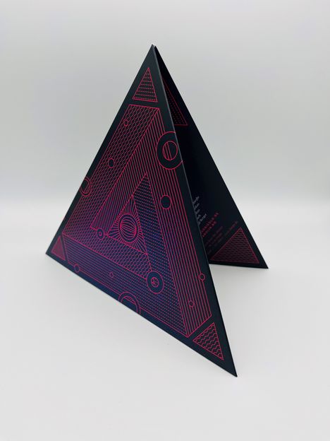 Schwarzes dreieckiges Objekt mit rosa Linienmuster und eingebetteten Kreisformen, geometrisches Design.
