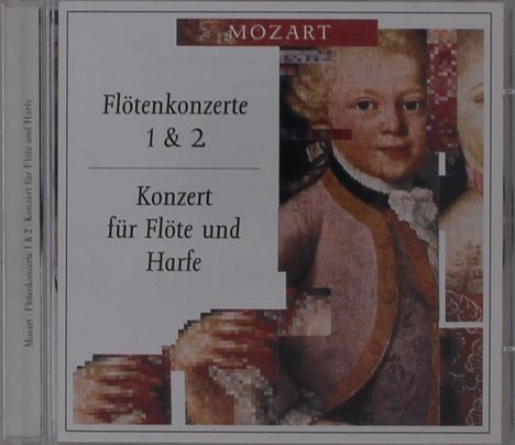 "Flötenkonzerte 1 & 2. Konzert für Flöte und Harfe." Rechts ein Gemälde eines Mannes in historischer Kleidung.