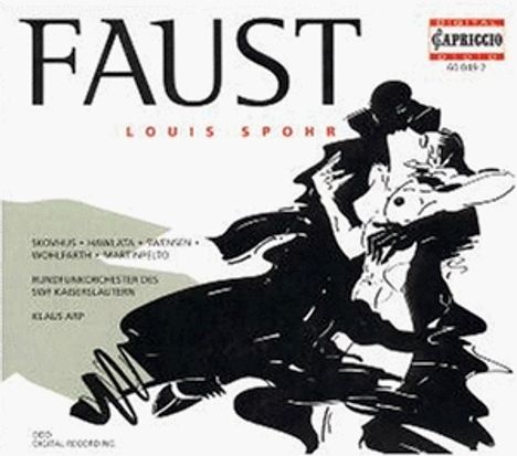 "FAUST", "LOUIS SPOHR", Liste von Künstlernamen und Dirigenten. Illustration: Schwarz-weiße, expressive Figuren.