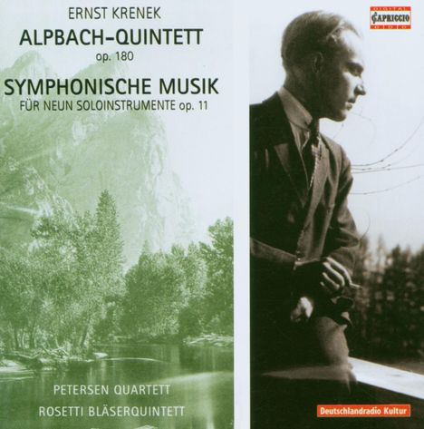 Ernst Krenek: Alpbach-Quintett, Symphonische Musik. Petersen Quartett, Rosetti Bläserquintett. Sepia Porträt neben Landschaft.