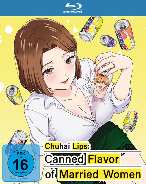 "Chuhai Lips: Canned Flavor of Married Women" steht im Vordergrund. Eine Anime-Frau mit Getränkedosen um sich herum.