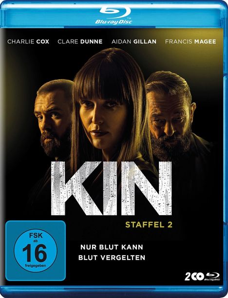 Text: "Charlie Cox, Clare Dunne, Aidan Gillan, Francis Magee. KIN, Staffel 2. Nur Blut kann Blut vergelten. FSK ab 16." Drei Personen.
