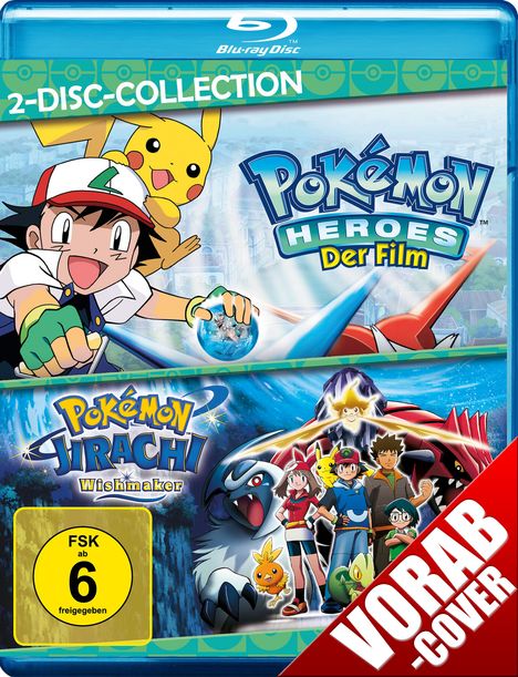 „Pokémon Heroes Der Film“ und „Pokémon Jirachi Wishmaker“. FSK ab 6. Ash, Pikachu und andere Pokémon auf dem Bild.