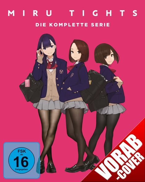 „MIRU TIGHTS – DIE KOMPLETTE SERIE“. Drei Mädchen in Schuluniformen vor pinkem Hintergrund. FSK 16-Symbol.