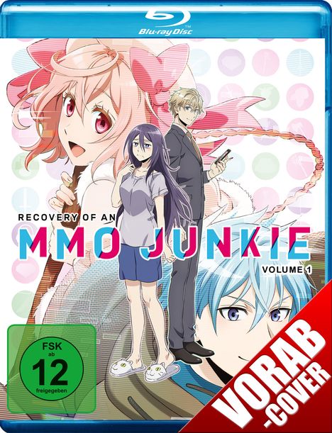 "Recovery of an MMO Junkie Volume 1" steht in großen Buchstaben. Drei Personen im Anime-Stil, einer mit rosa Haaren. FSK 12.