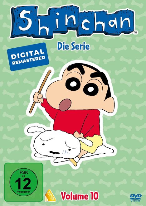 „Shin Chan - Die Serie“, „Digital Remastered“, „FSK ab 12“, „Volume 10“. Cartoon mit Kind und Hund auf grünem Hintergrund.