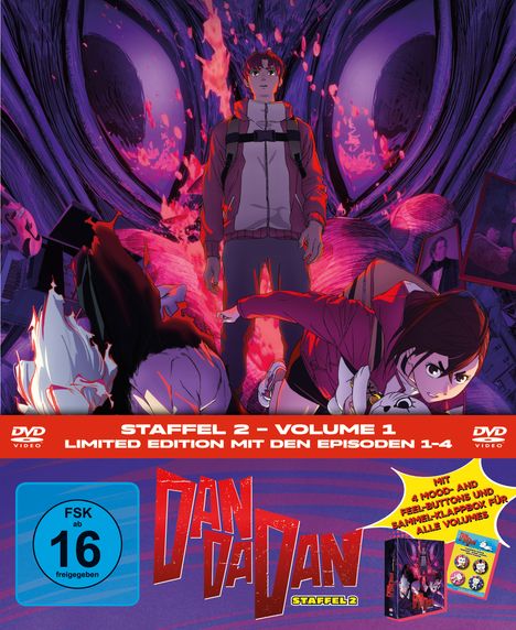 „Staffel 2 – Volume 1. Limited Edition mit den Episoden 1-4.“ Illustration: Drei Figuren, großes, mystisches Gesicht.