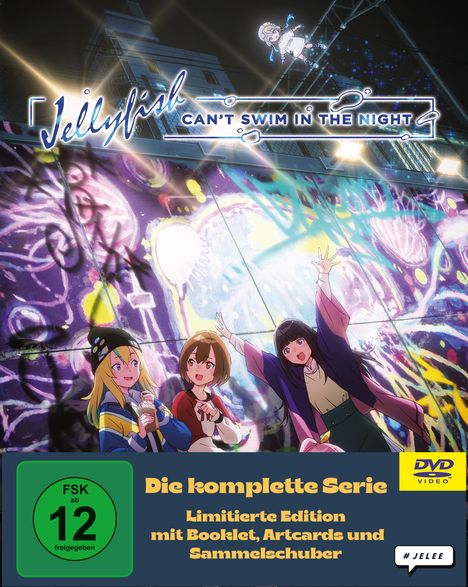 "Jellyfish Can't Swim In The Night", „Die komplette Serie“, Drei Figuren vor einer bunten Graffiti-Wand, FSK 12, DVD-Logo.