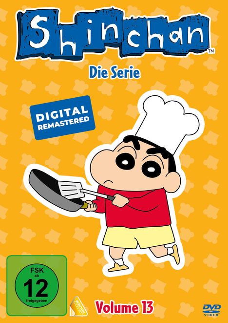 "Shinchan: Die Serie", "DIGITAL REMASTERED", "FSK 12", "Volume 13". Illustration von Shinchan als Koch auf orangegem Hintergrund.