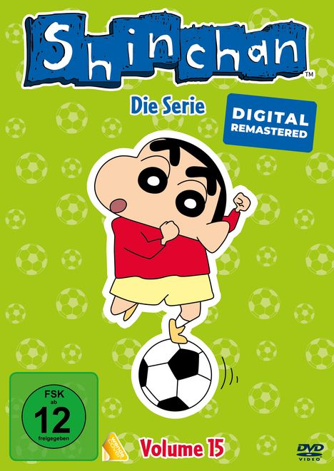 „Shinchan Die Serie“ mit „DIGITAL REMASTERED“. Illustration einer Figur mit rotem Shirt und gelber Hose, spielt Fußball. FSK 12.